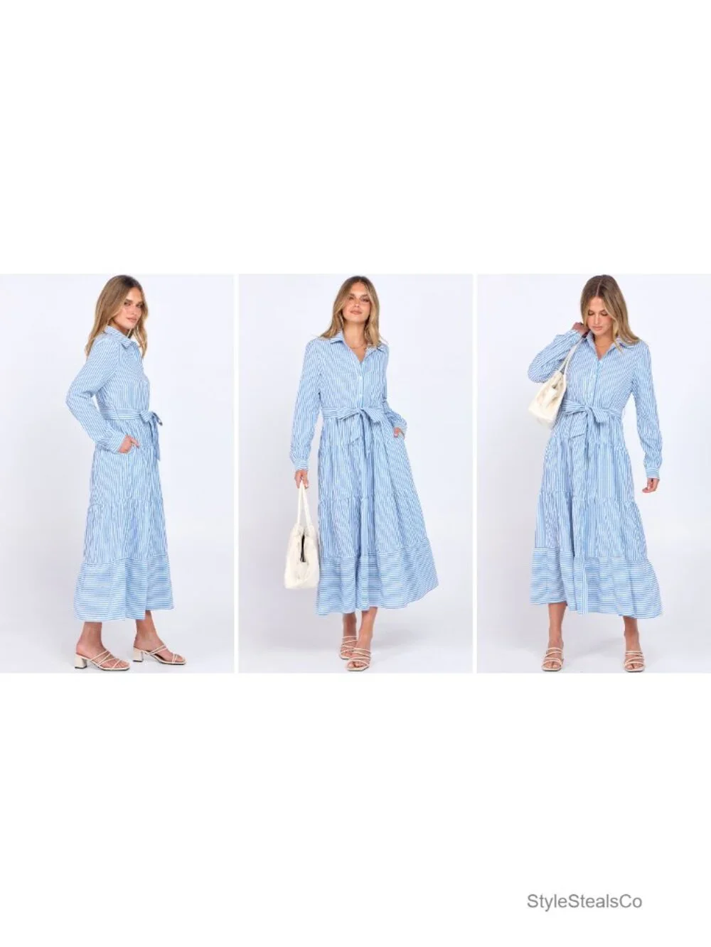 Long Sleeve Striped Flowy Maxi Dress Button Down Ruffle Hem Tie Waist Shirt - Picture 6 of 6